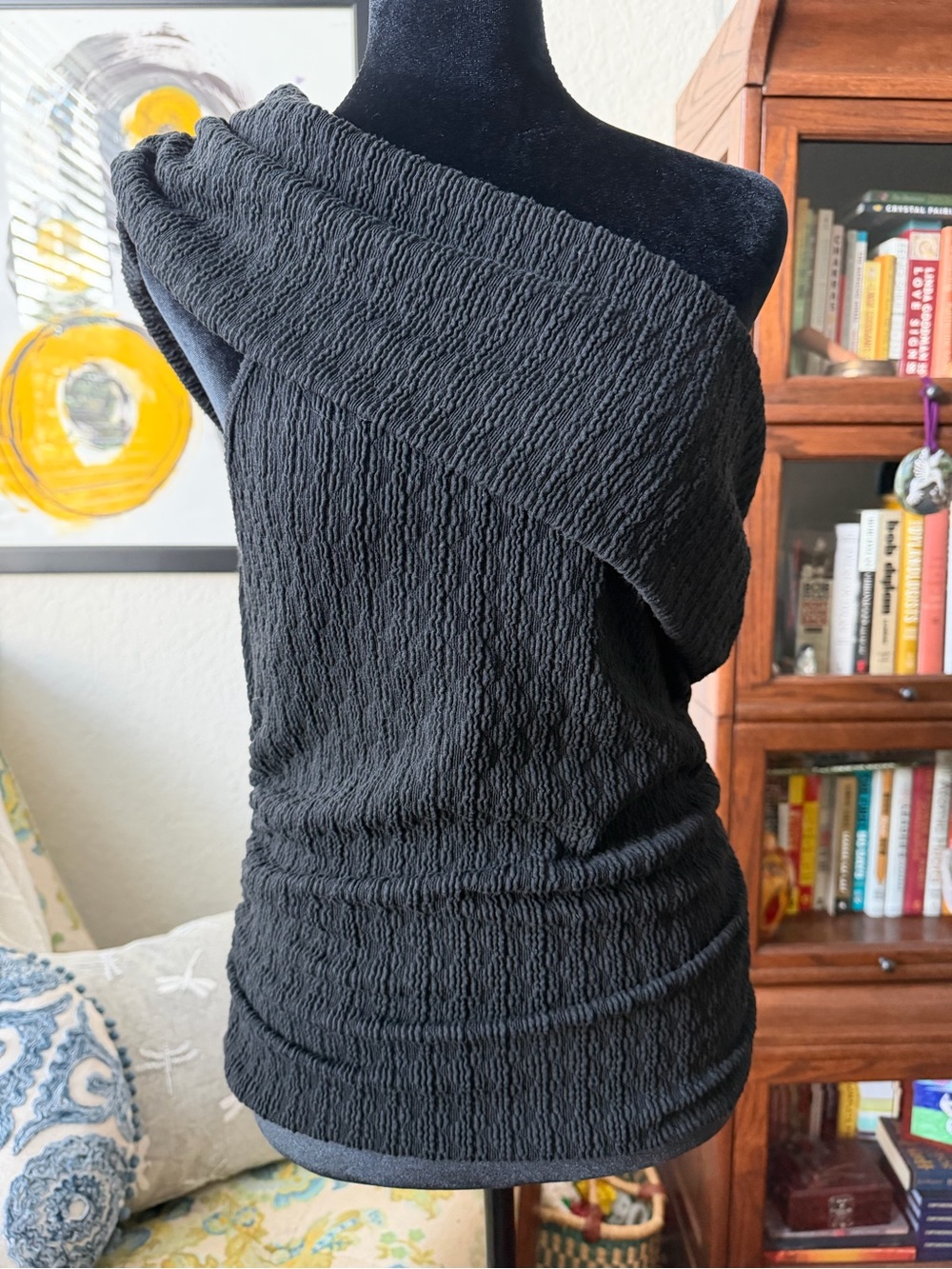 Renee C Black Textured Ruched Off Shoulder Asymmetrical Top M